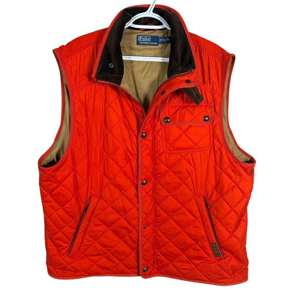 Vintage Polo Ralph Lauren Beaton Quilted Vest Mens XL Orange‎ Corduroy Collar